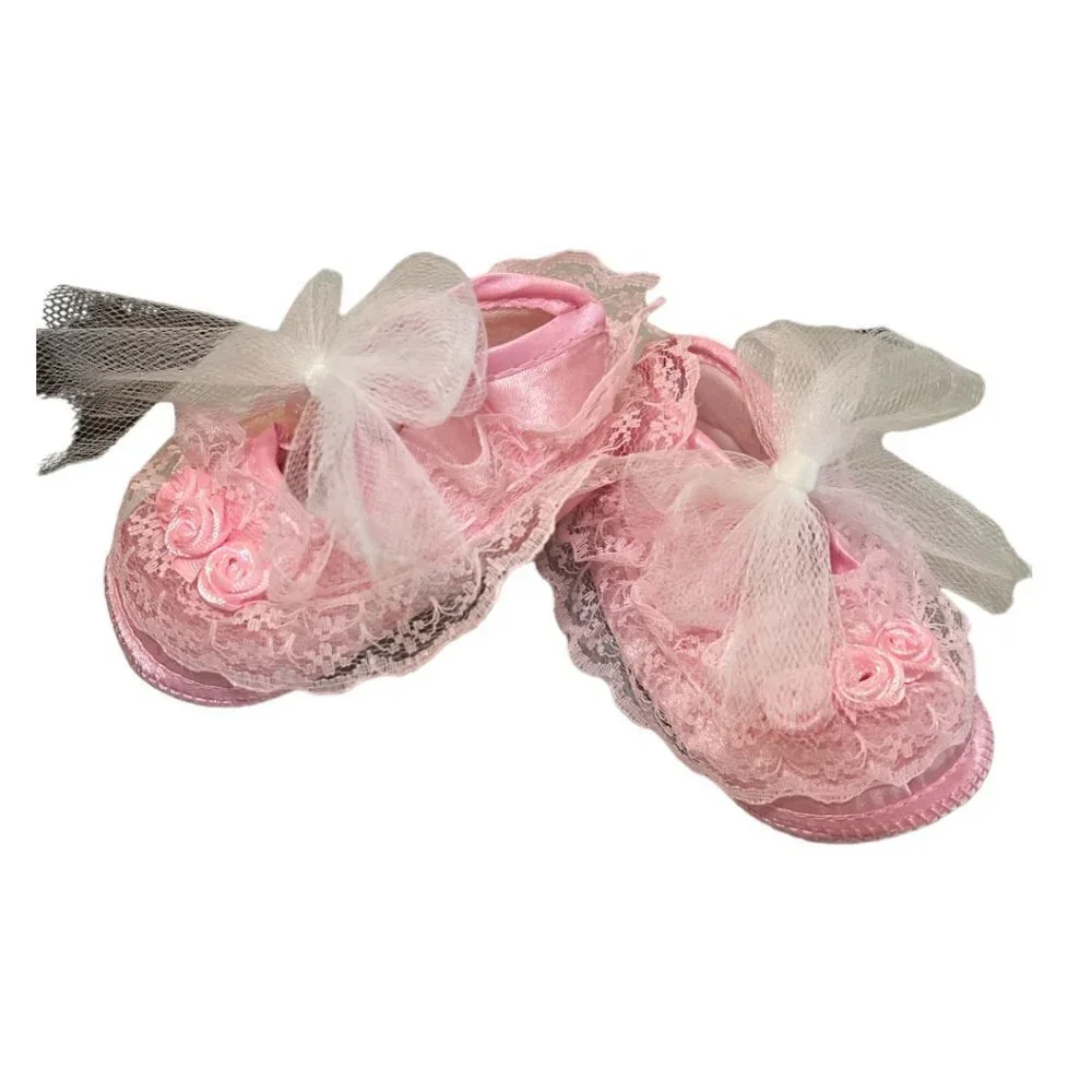 2 Pr Pink & Yellow Lace Satin Soft Baby Crib Christening Baptism Easter Shoes